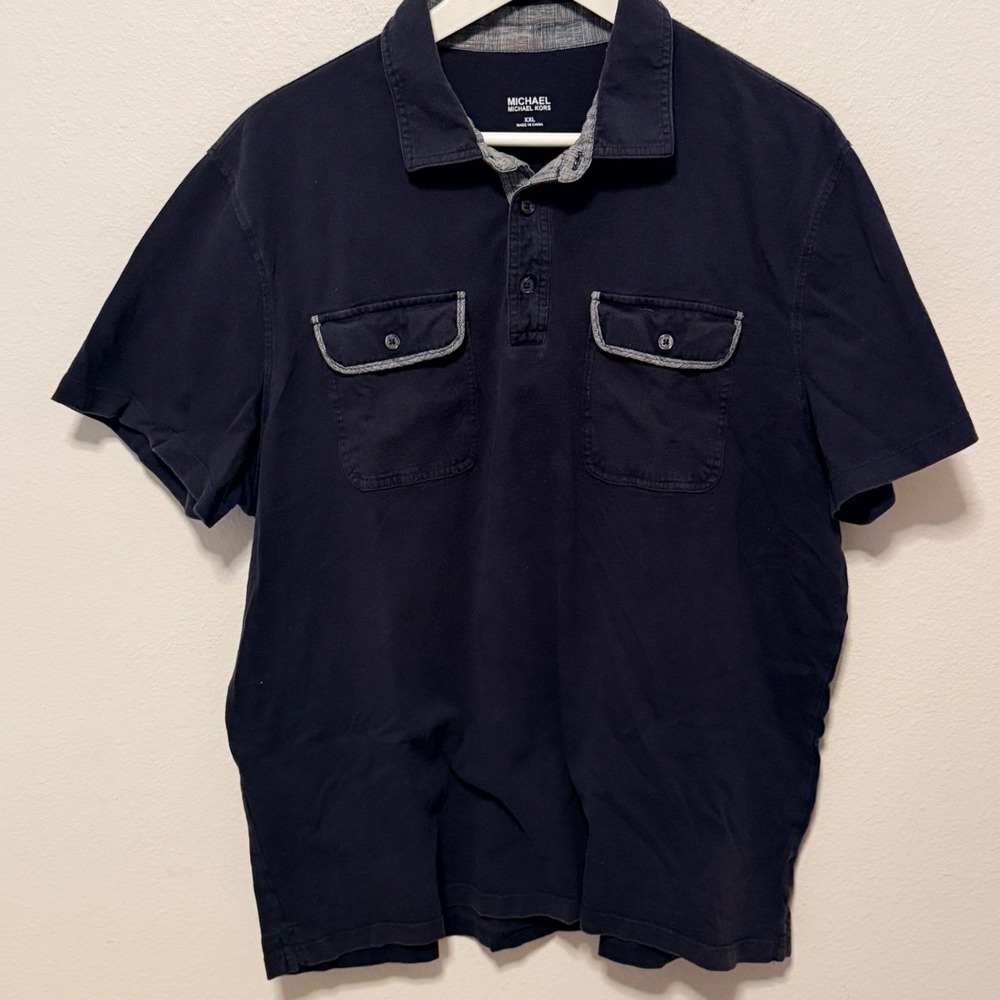 Michael Kors Shirt Sz XXL Navy Blue Short Sleeve Cotton Linen Trim Casual